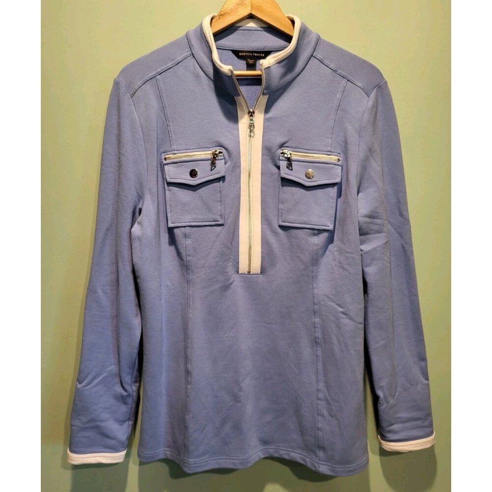 Boston Proper Lt Blue 1/2 Zip Mock Neck Tunic Sweatshirt Pockets Sz XL